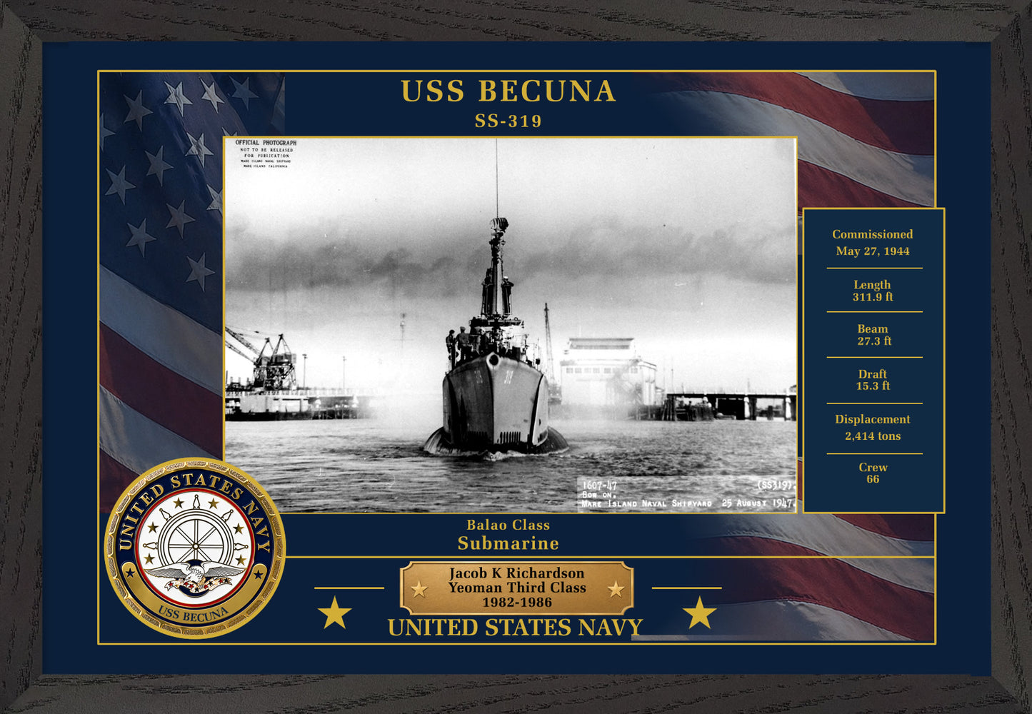 USS Becuna SS-319 Framed Patriotic Photo