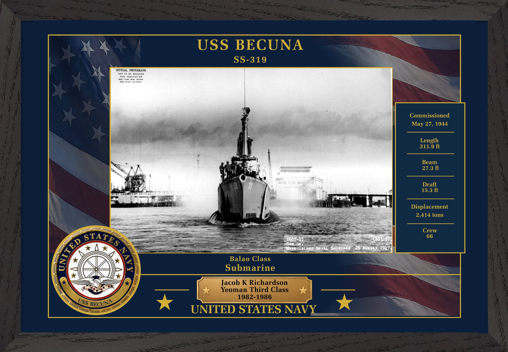 USS Becuna SS-319 Framed Patriotic Photo