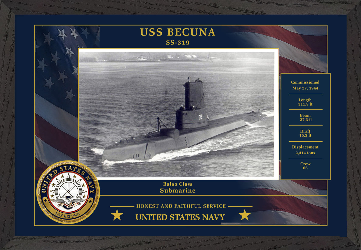 USS Becuna SS-319 Framed Patriotic Photo