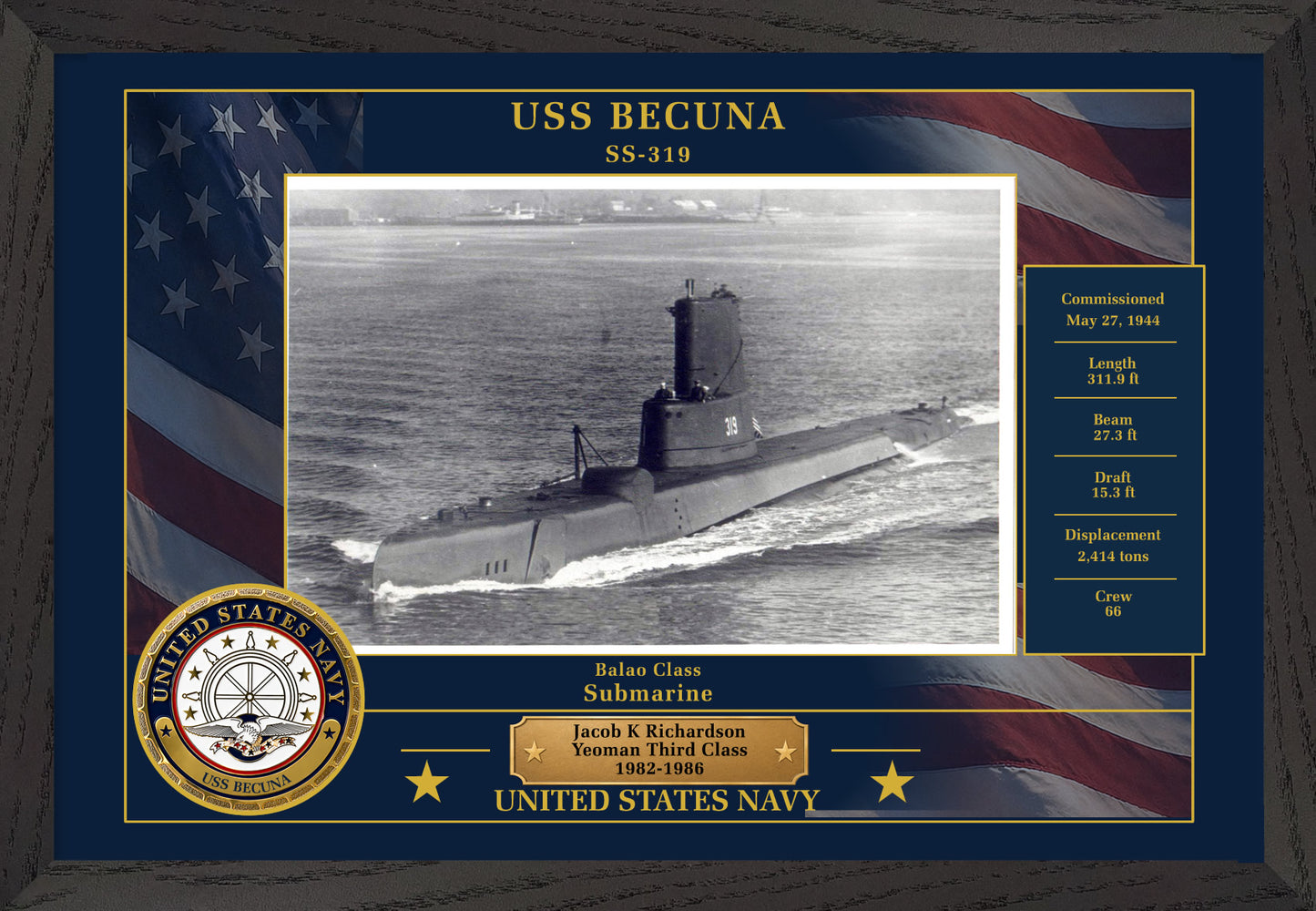 USS Becuna SS-319 Framed Patriotic Photo