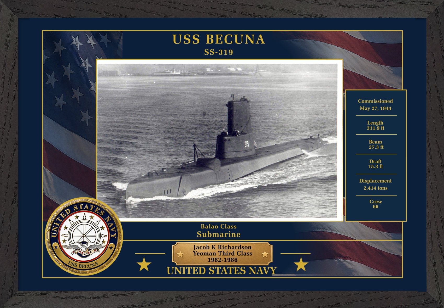 USS Becuna SS-319 Framed Patriotic Photo