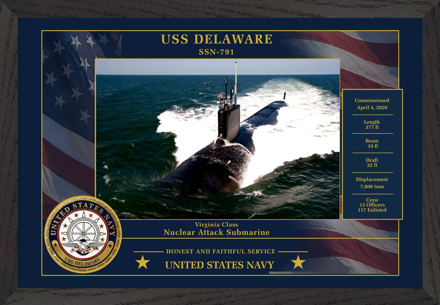 USS Delaware SSN-791 Framed Patriotic Photo