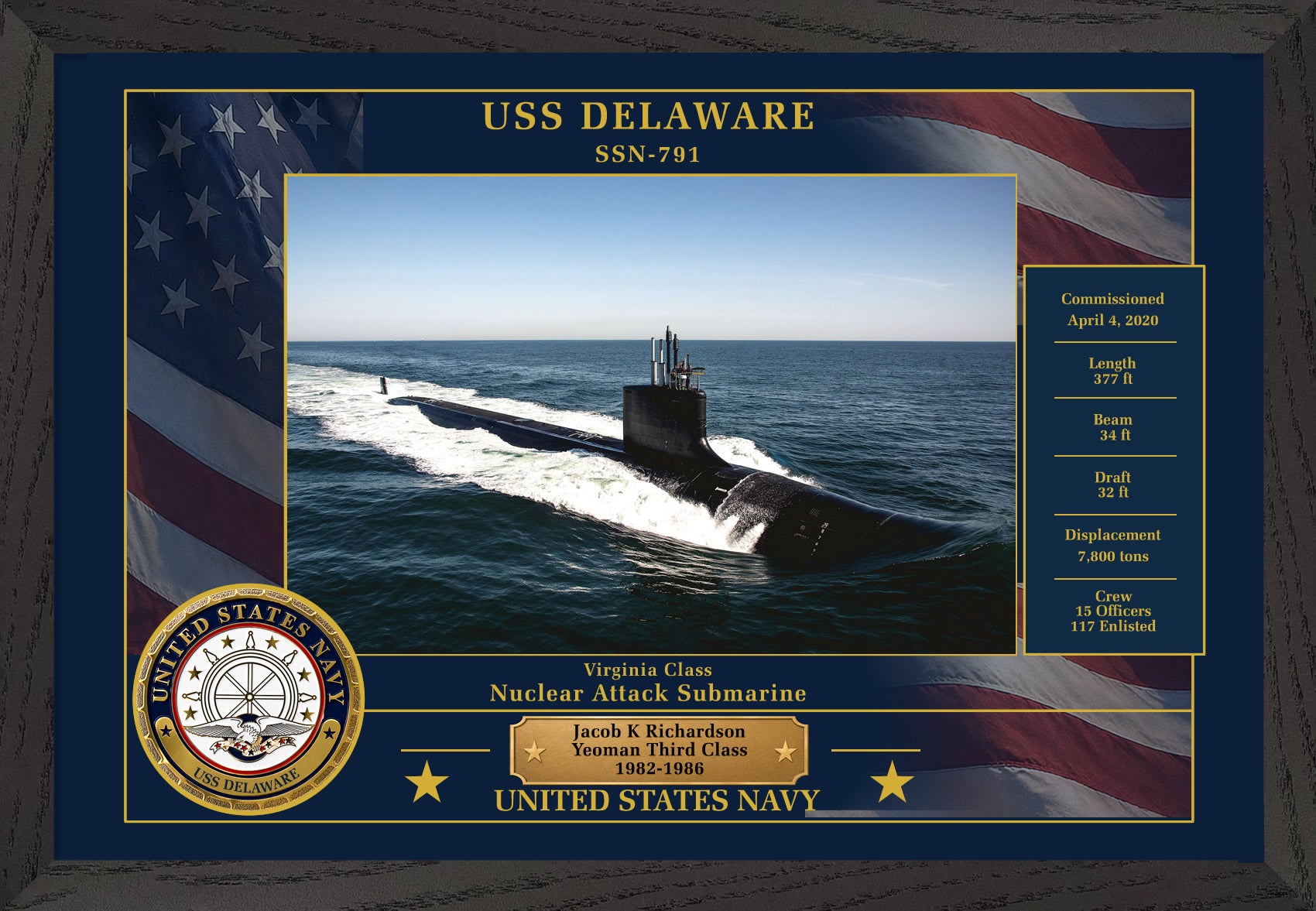 USS Delaware SSN-791 Framed Patriotic Photo