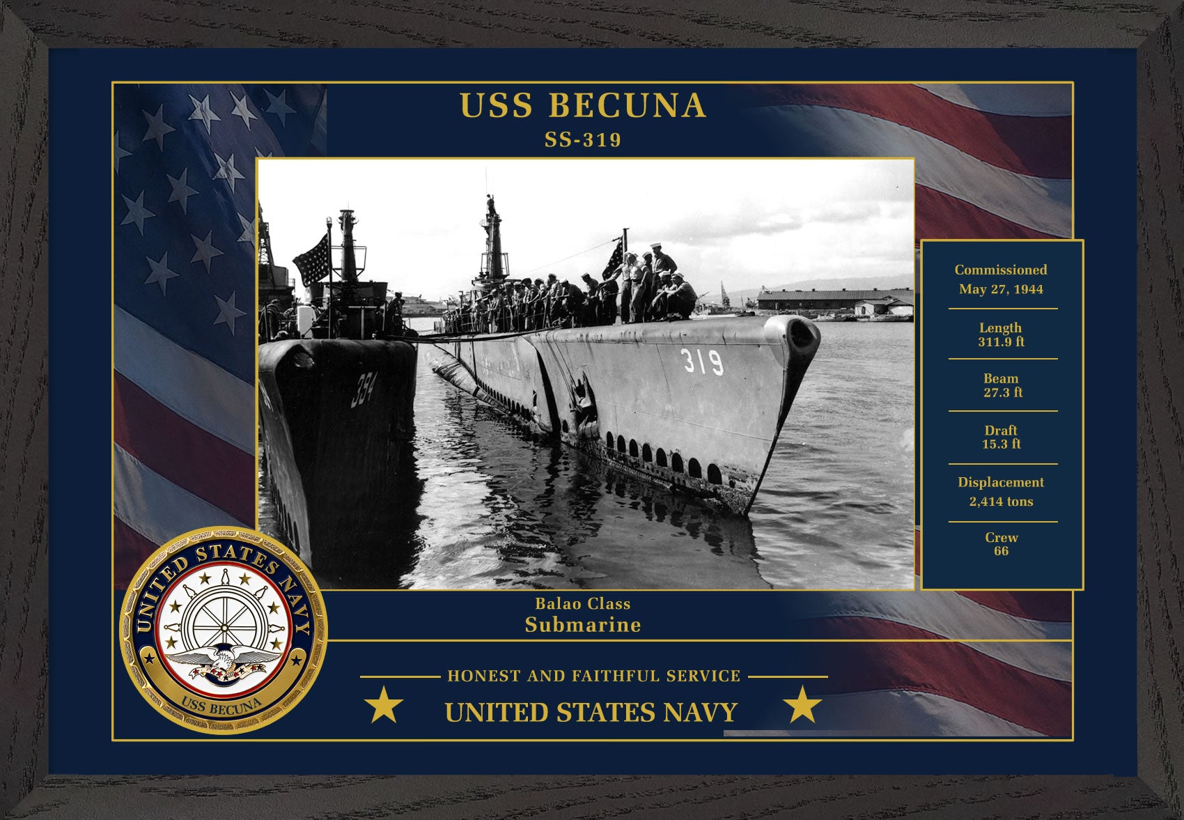 USS Becuna SS-319 Framed Patriotic Photo