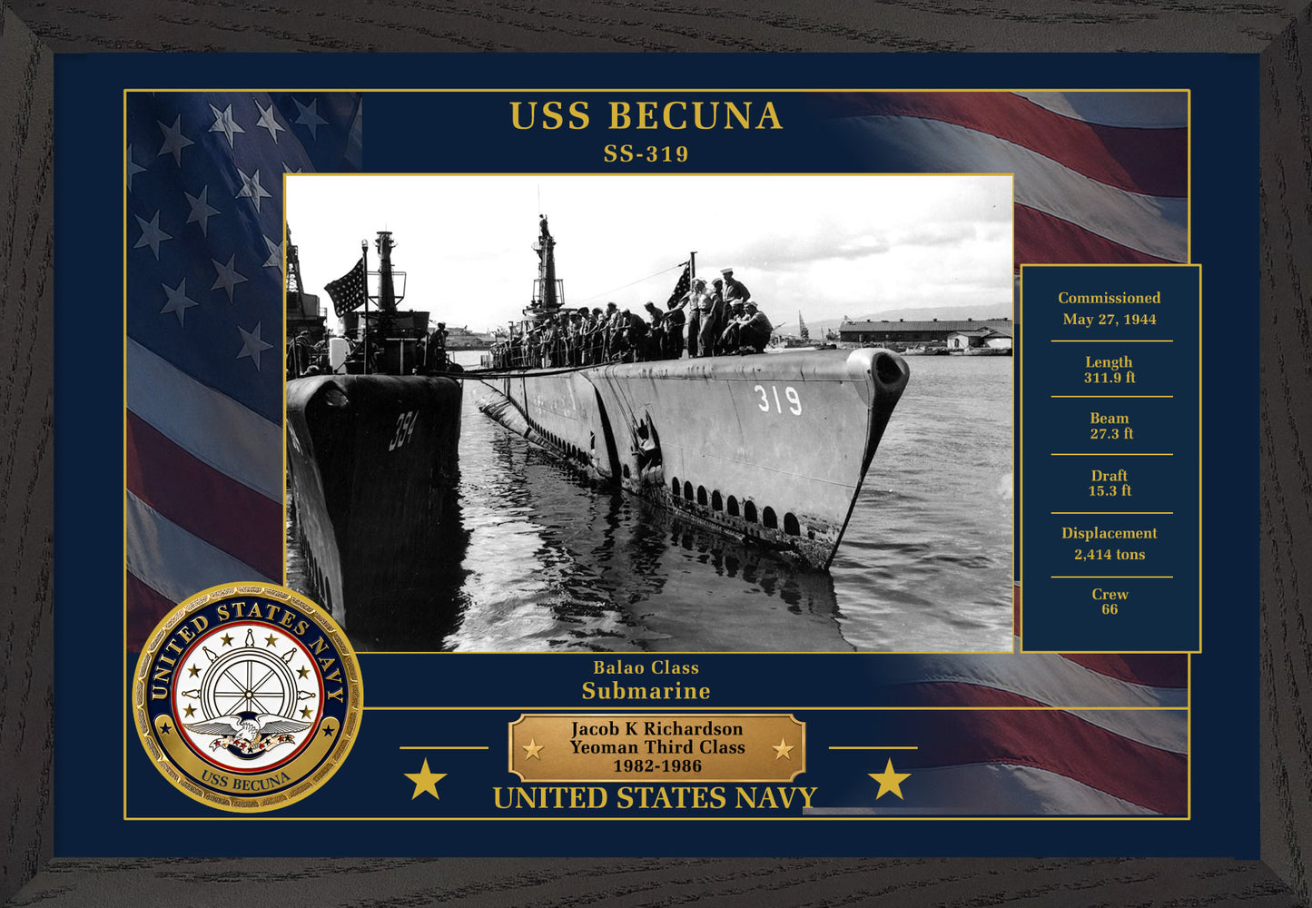USS Becuna SS-319 Framed Patriotic Photo