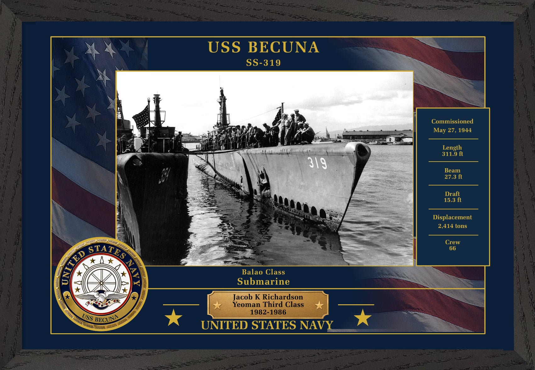 USS Becuna SS-319 Framed Patriotic Photo