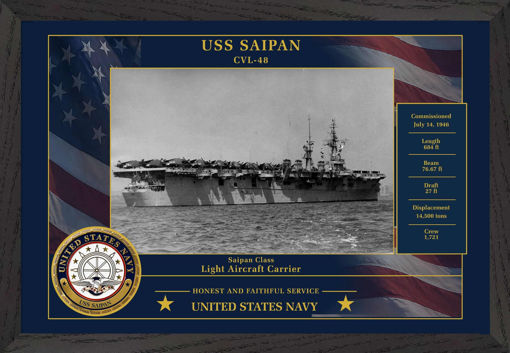 USS Saipan CVL-48 Framed Patriotic Photo