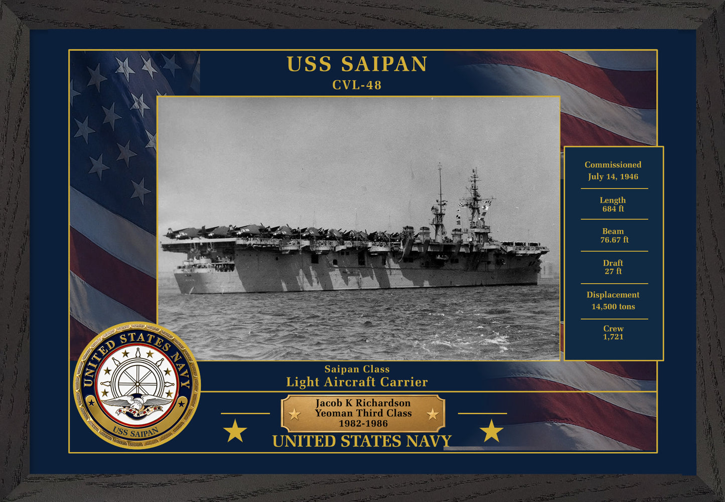 USS Saipan CVL-48 Framed Patriotic Photo