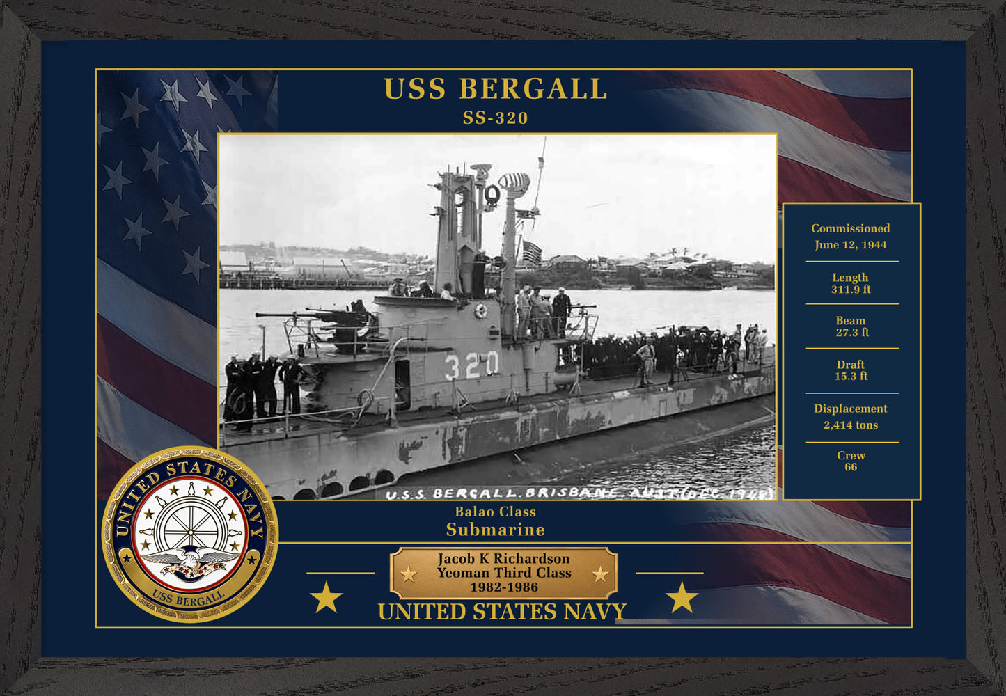 USS Bergall SS-320 Framed Patriotic Photo