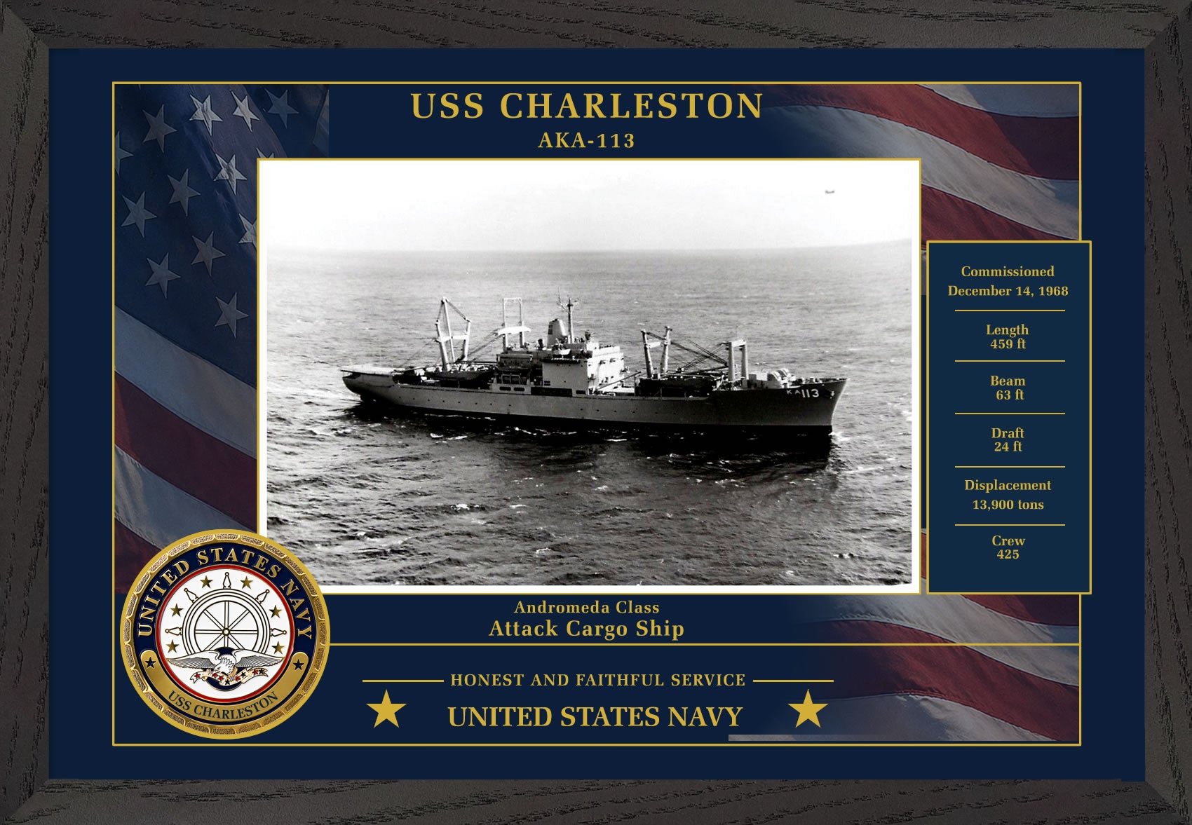 USS Charleston AKA-113 Framed Patriotic Photo
