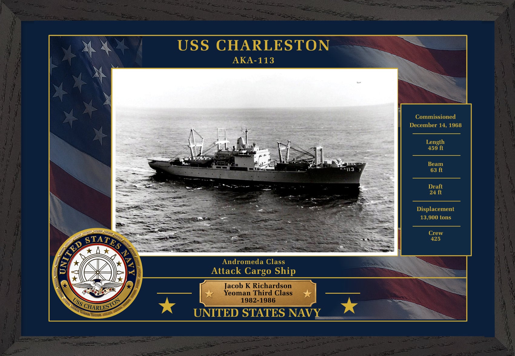 USS Charleston AKA-113 Framed Patriotic Photo