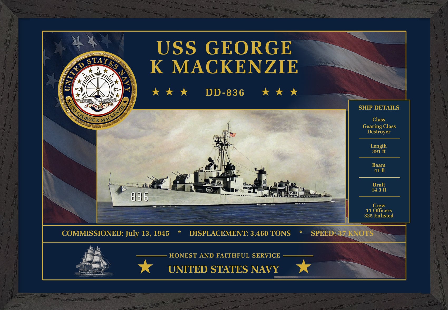 USS George K Mackenzie DD-836 Framed Patriotic Art