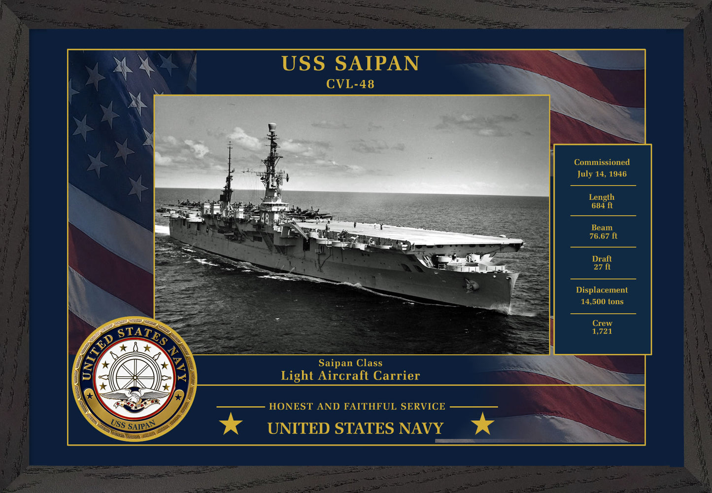 USS Saipan CVL-48 Framed Patriotic Photo