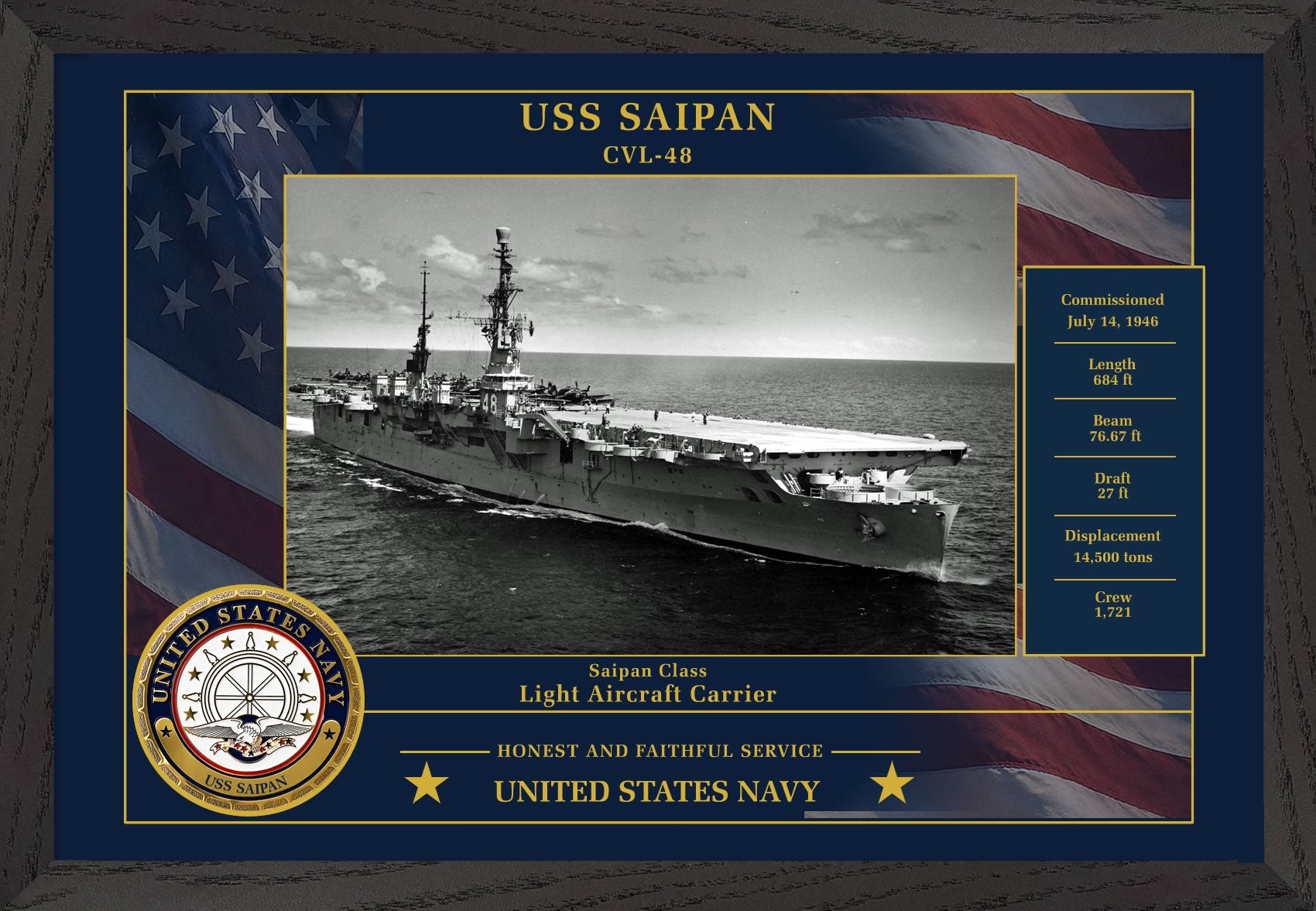 USS Saipan CVL-48 Framed Patriotic Photo