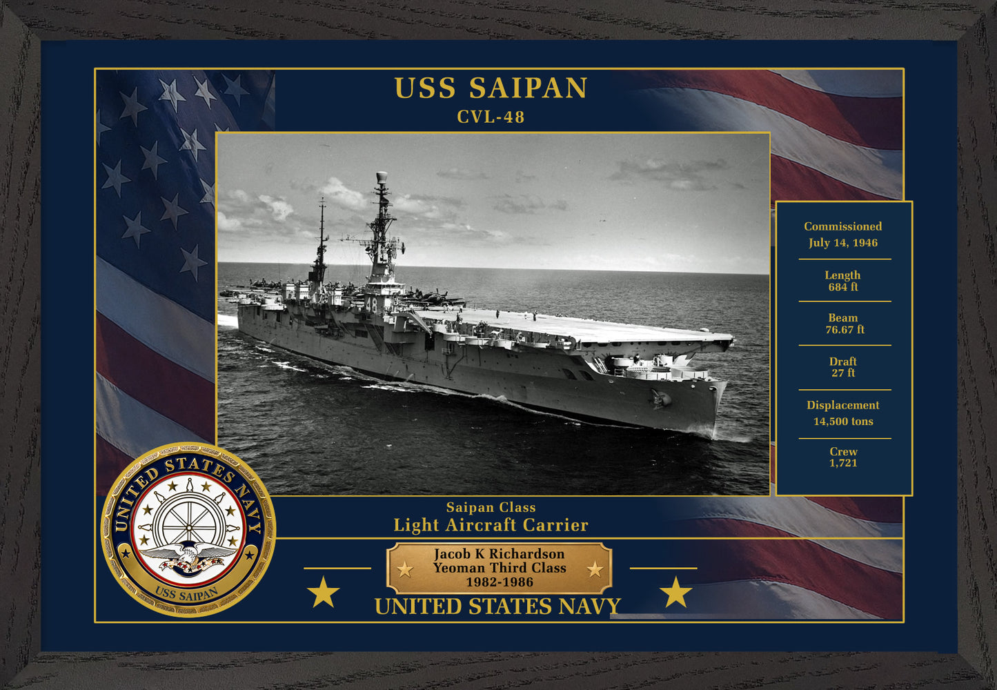 USS Saipan CVL-48 Framed Patriotic Photo