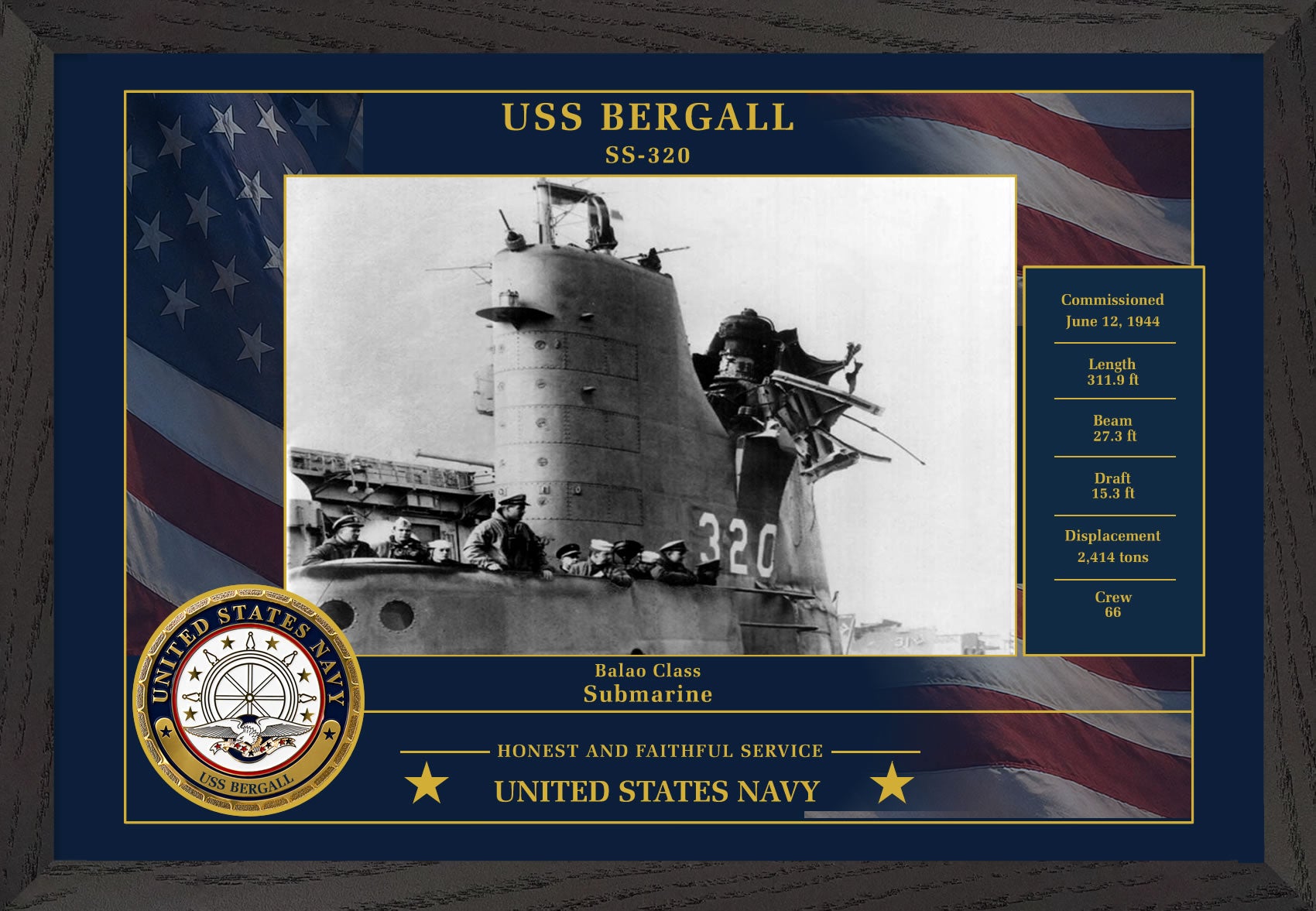 USS Bergall SS-320 Framed Patriotic Photo