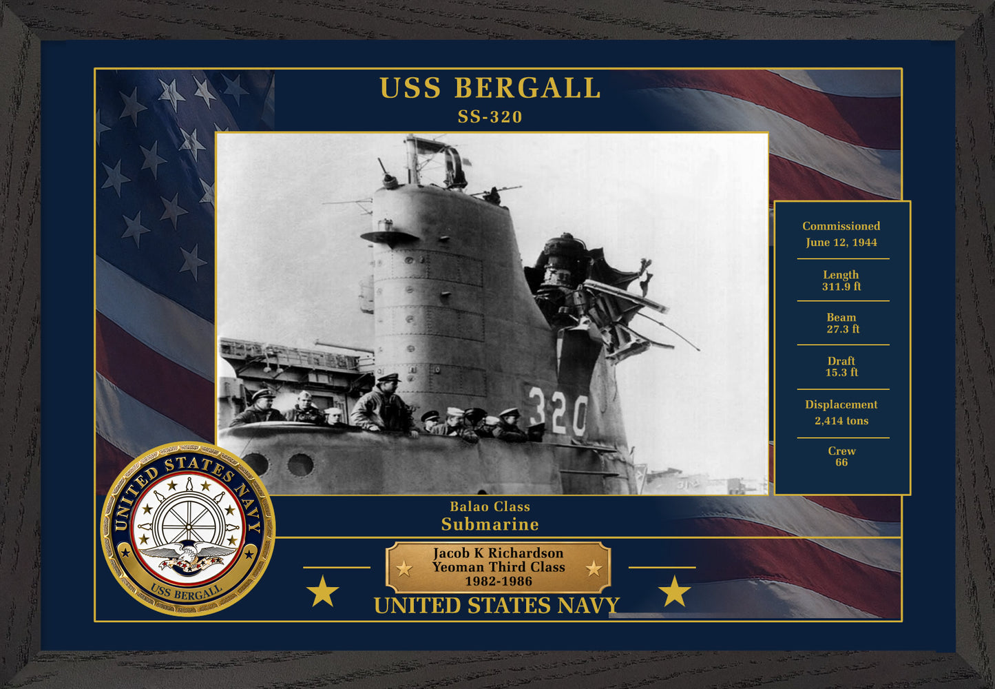 USS Bergall SS-320 Framed Patriotic Photo