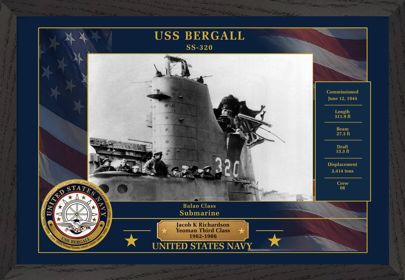 USS Bergall SS-320 Framed Patriotic Photo