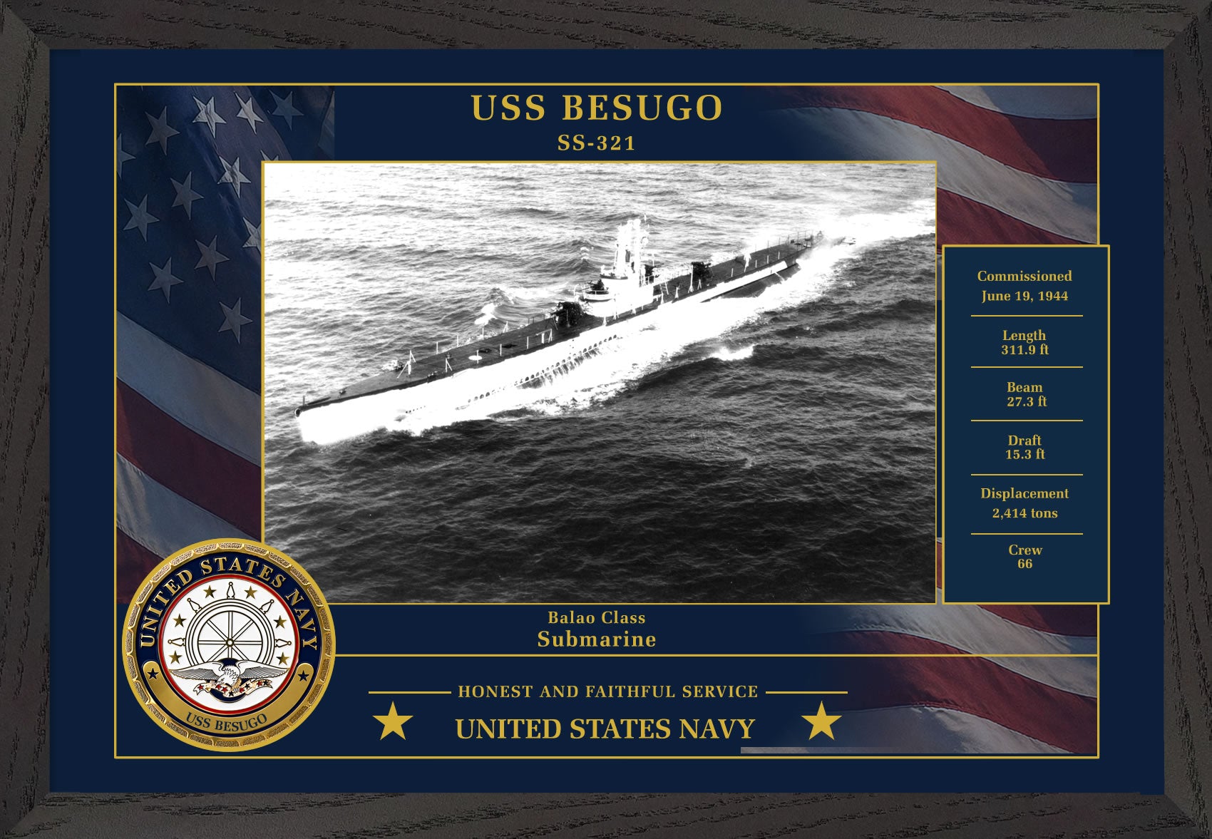USS Besugo SS-321 Framed Patriotic Photo