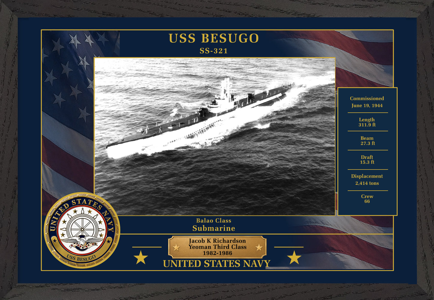 USS Besugo SS-321 Framed Patriotic Photo