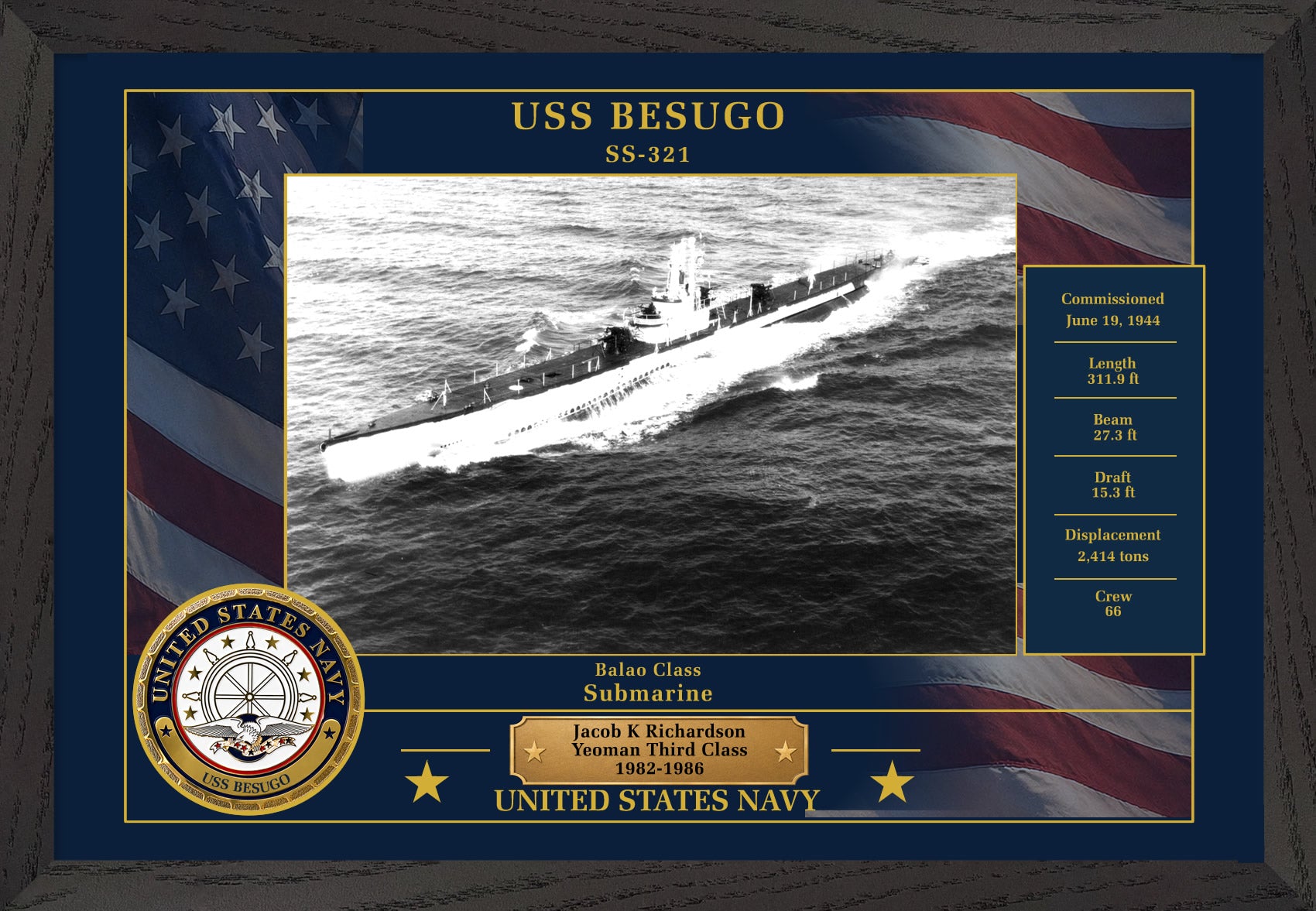 USS Besugo SS-321 Framed Patriotic Photo