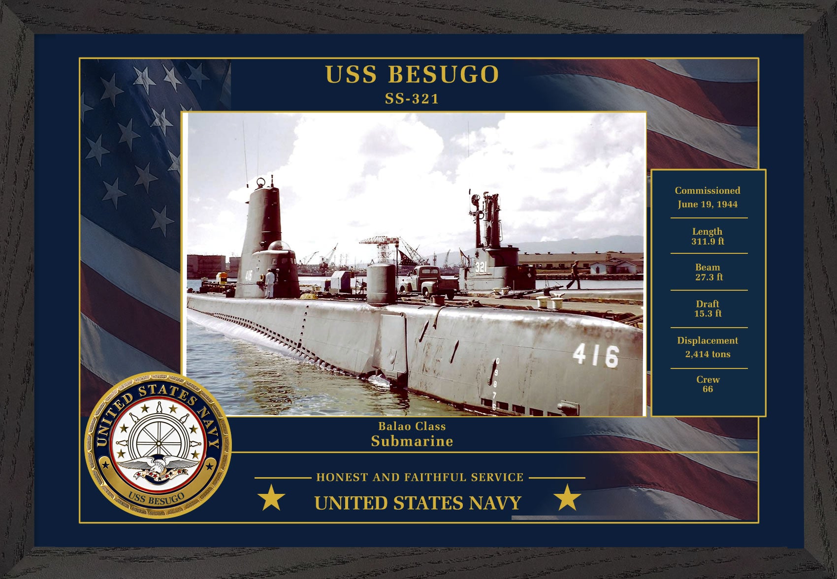 USS Besugo SS-321 Framed Patriotic Photo