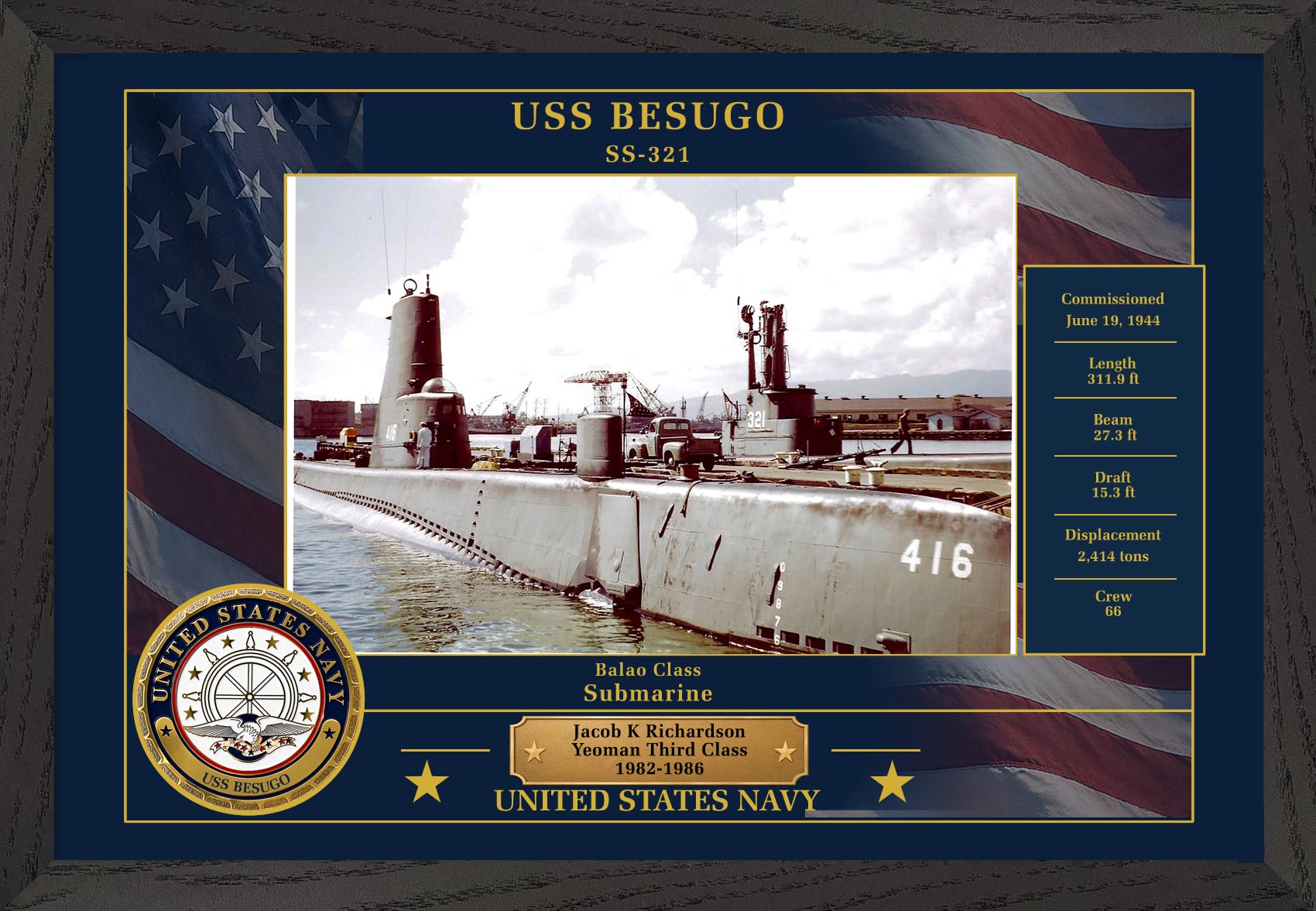 USS Besugo SS-321 Framed Patriotic Photo
