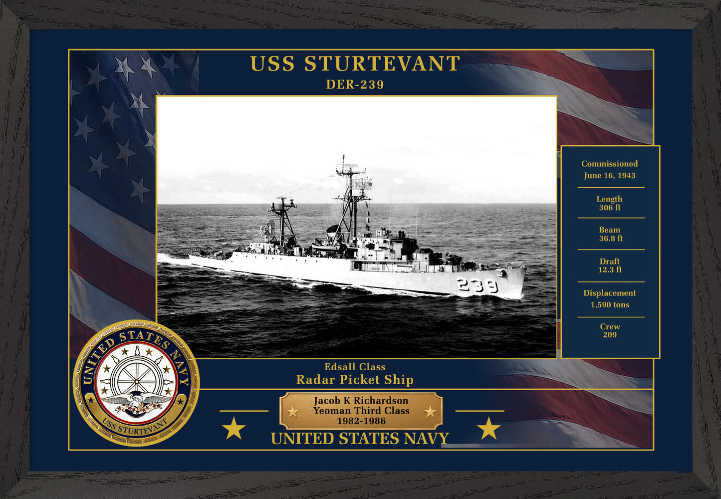 USS Sturtevant DER-239 Framed Patriotic Photo