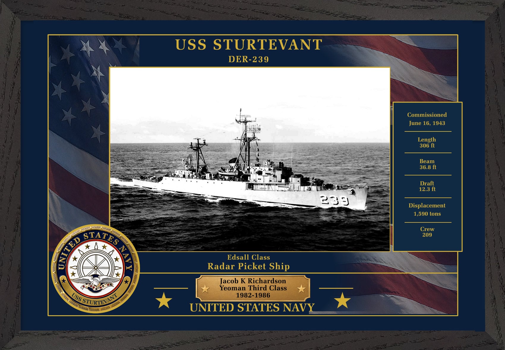 USS Sturtevant DER-239 Framed Patriotic Photo