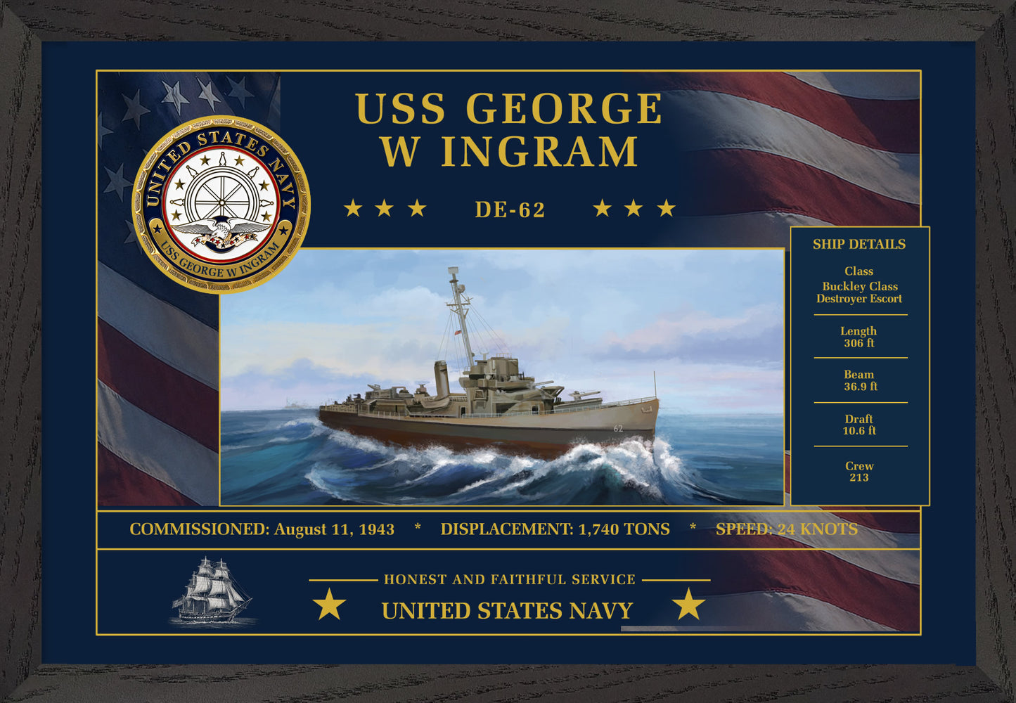 USS George W Ingram DE-62 Framed Patriotic Art