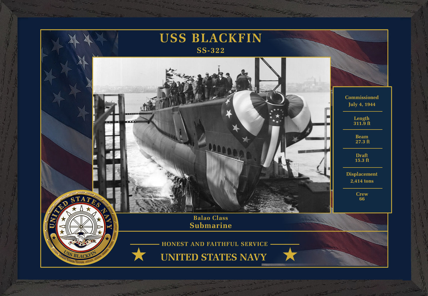 USS Blackfin SS-322 Framed Patriotic Photo