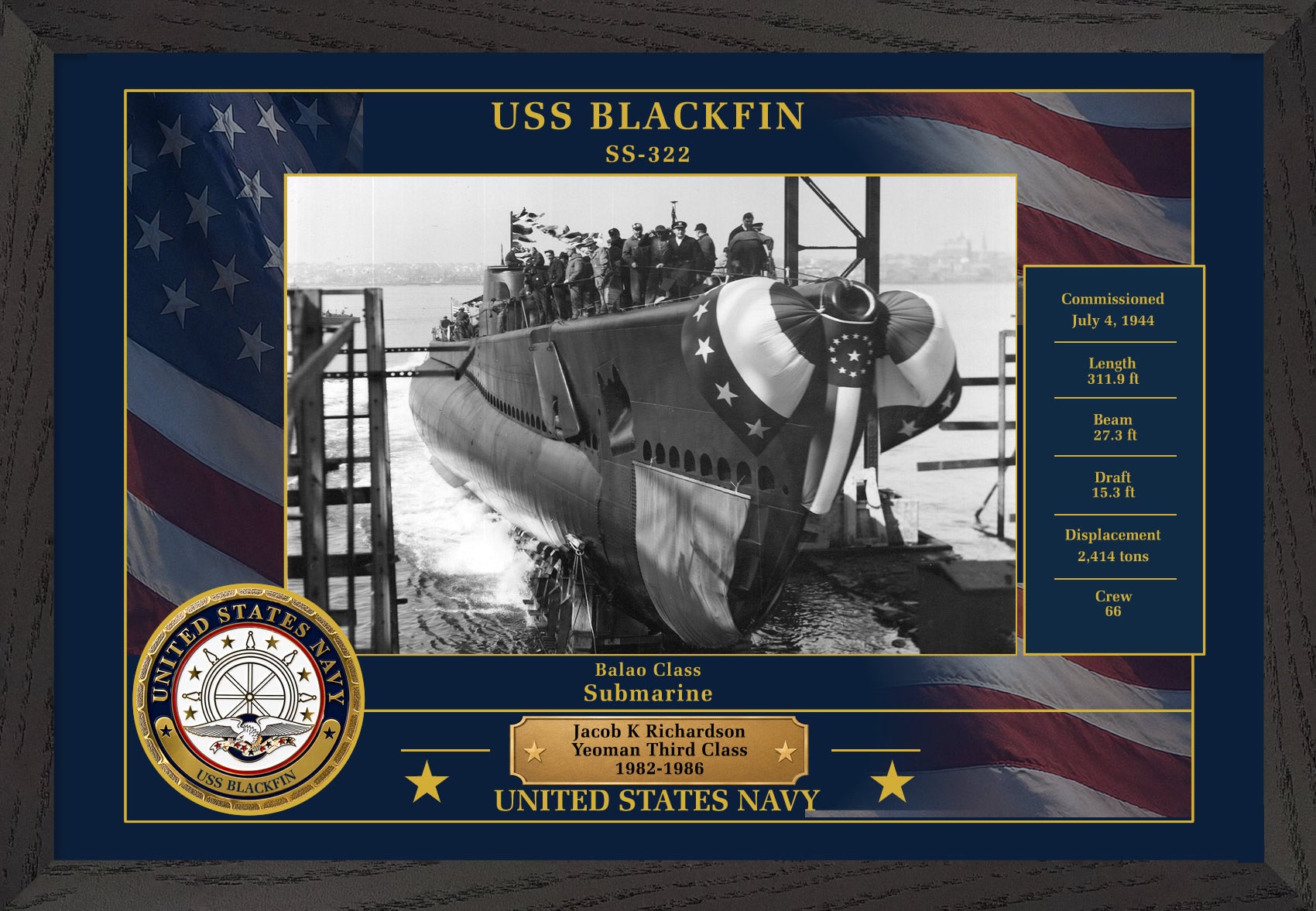 USS Blackfin SS-322 Framed Patriotic Photo