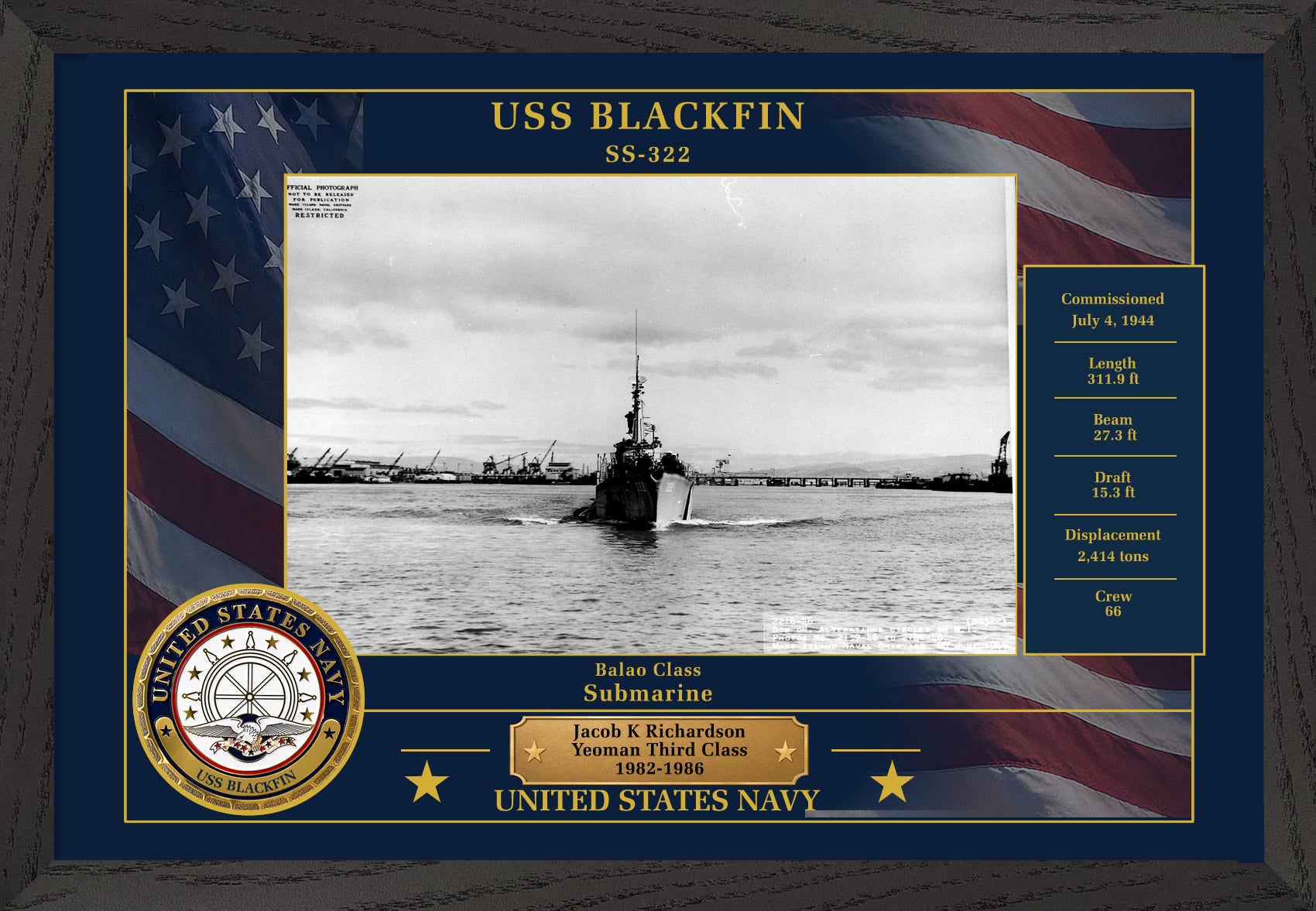 USS Blackfin SS-322 Framed Patriotic Photo