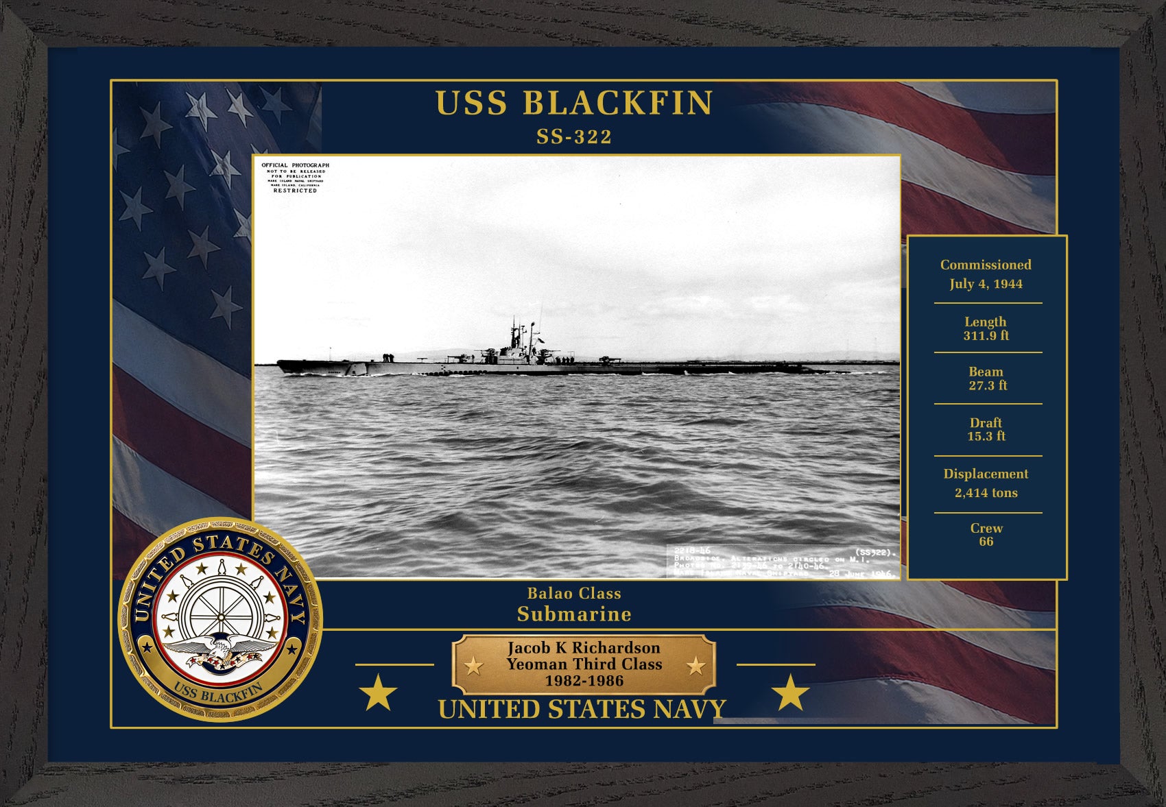 USS Blackfin SS-322 Framed Patriotic Photo