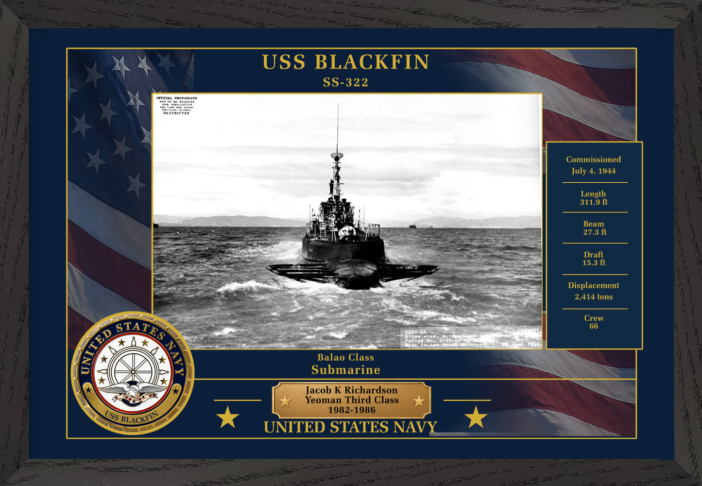 USS Blackfin SS-322 Framed Patriotic Photo