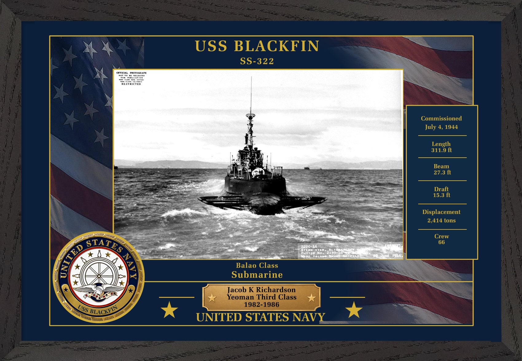 USS Blackfin SS-322 Framed Patriotic Photo