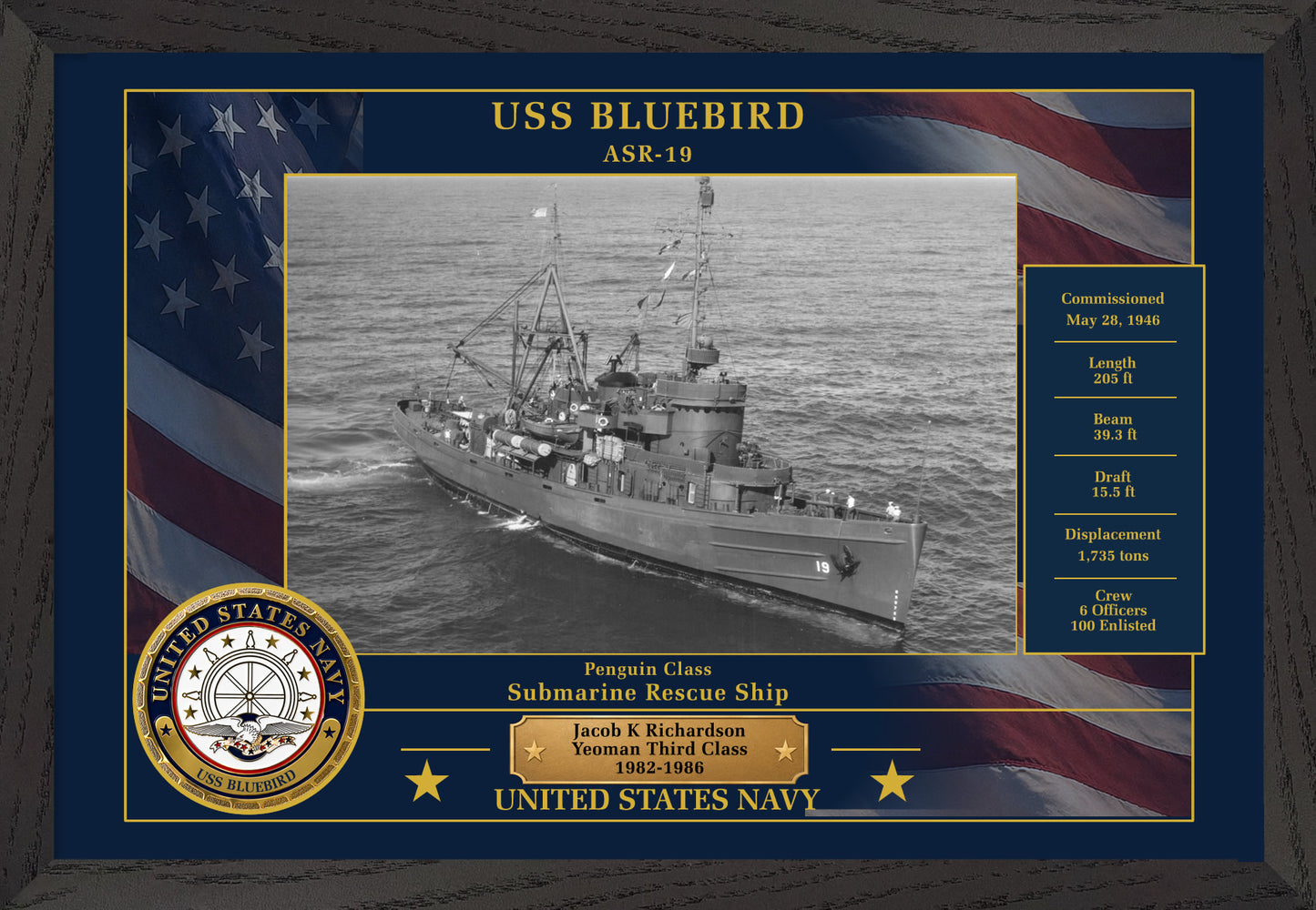 USS Bluebird ASR-19 Framed Patriotic Photo