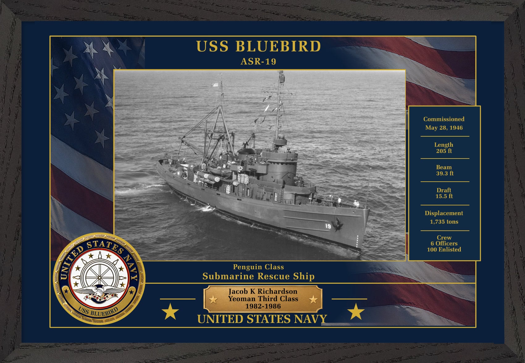 USS Bluebird ASR-19 Framed Patriotic Photo