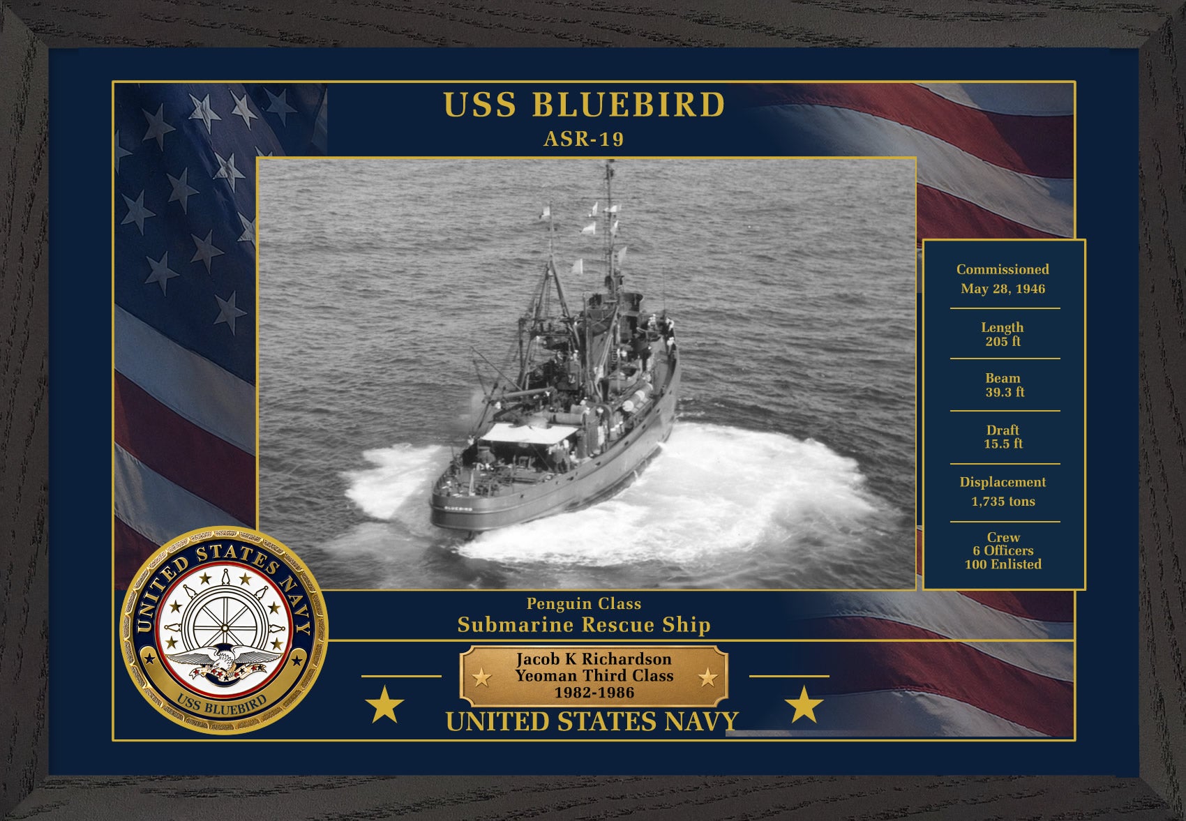 USS Bluebird ASR-19 Framed Patriotic Photo