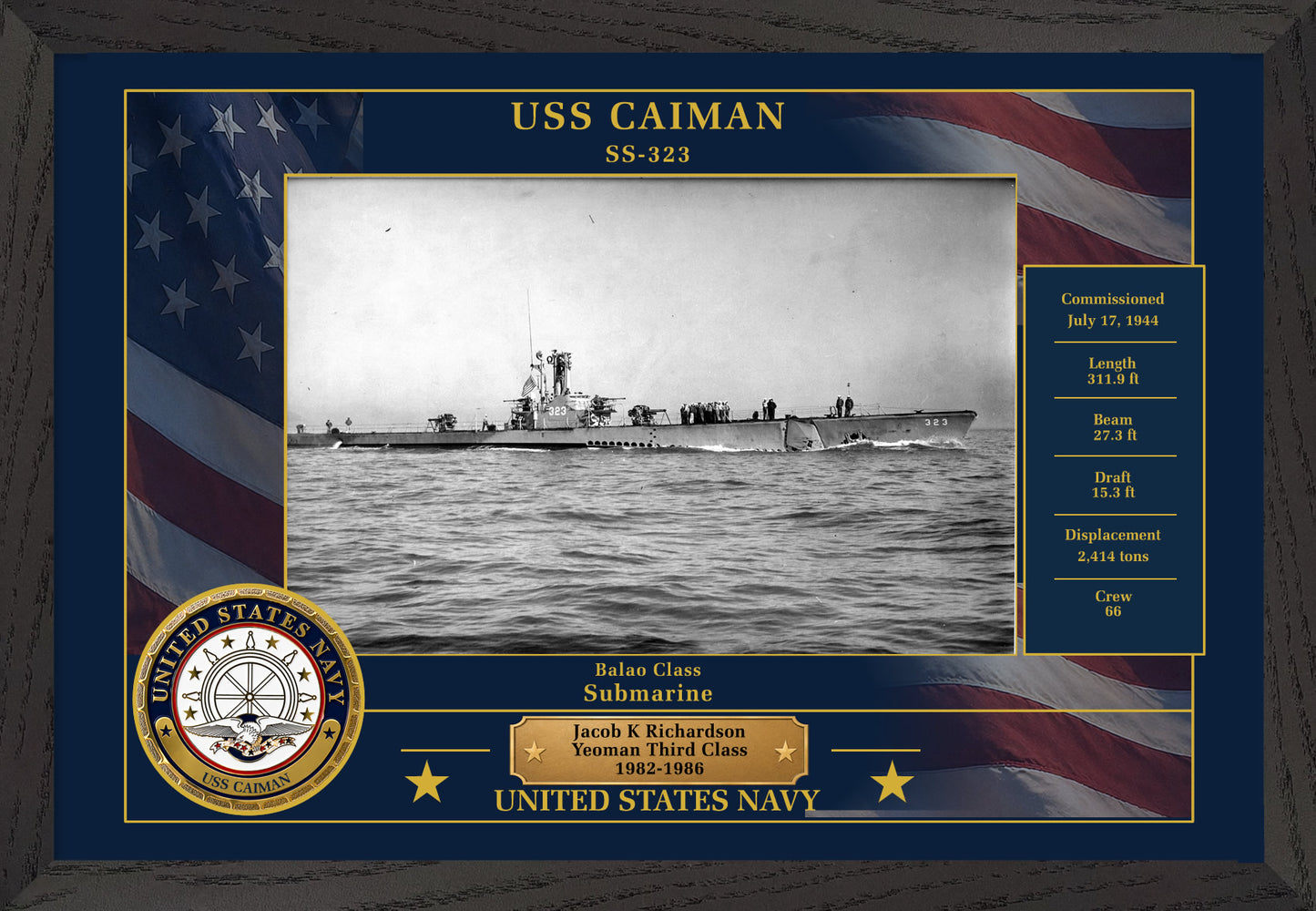 USS Caiman SS-323 Framed Patriotic Photo