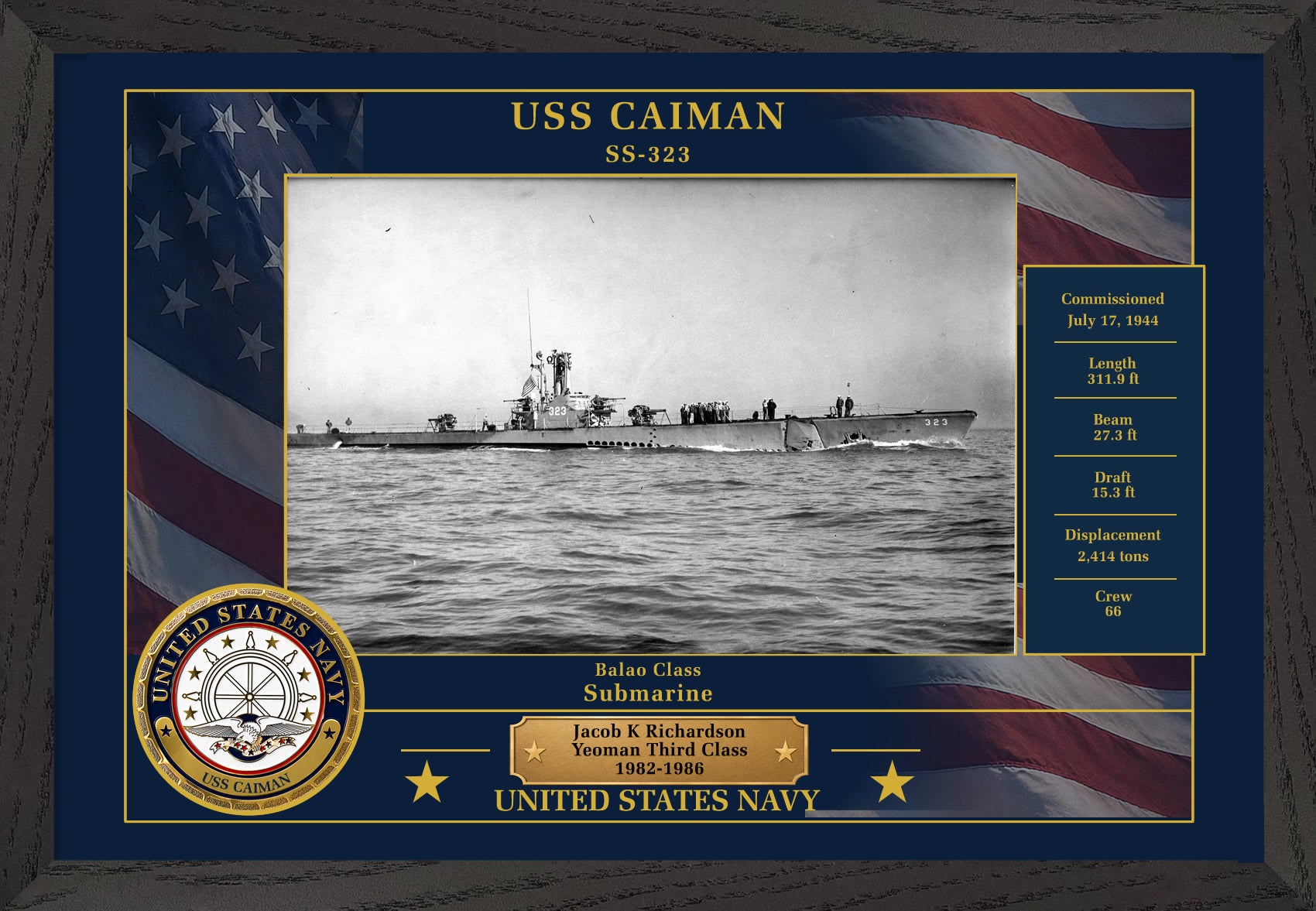 USS Caiman SS-323 Framed Patriotic Photo