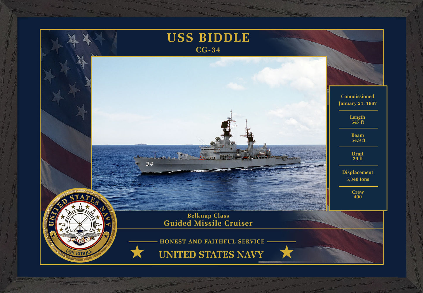USS Biddle CG-34 Framed Patriotic Photo
