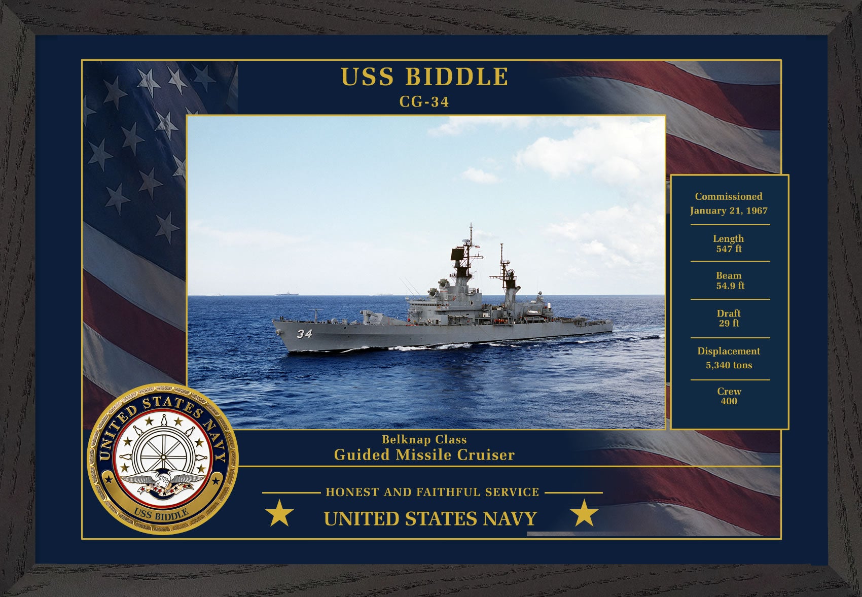USS Biddle CG-34 Framed Patriotic Photo