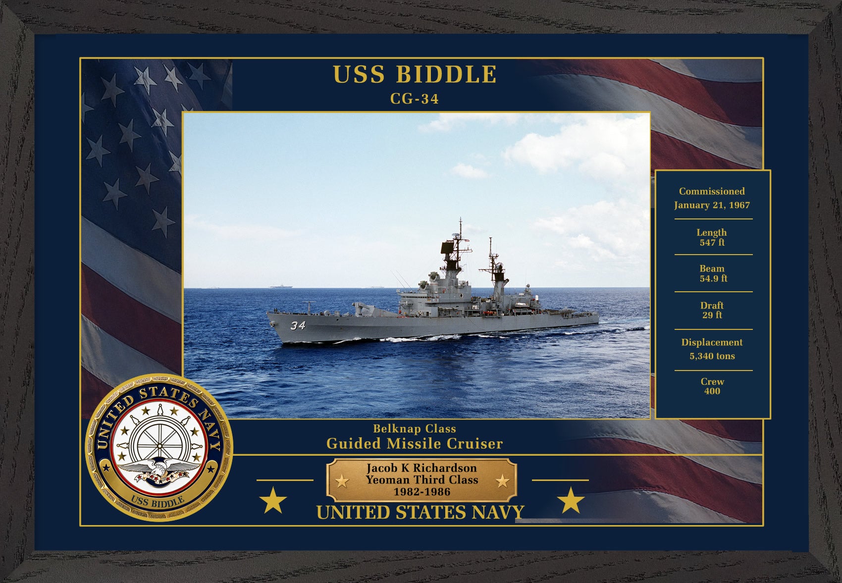 USS Biddle CG-34 Framed Patriotic Photo