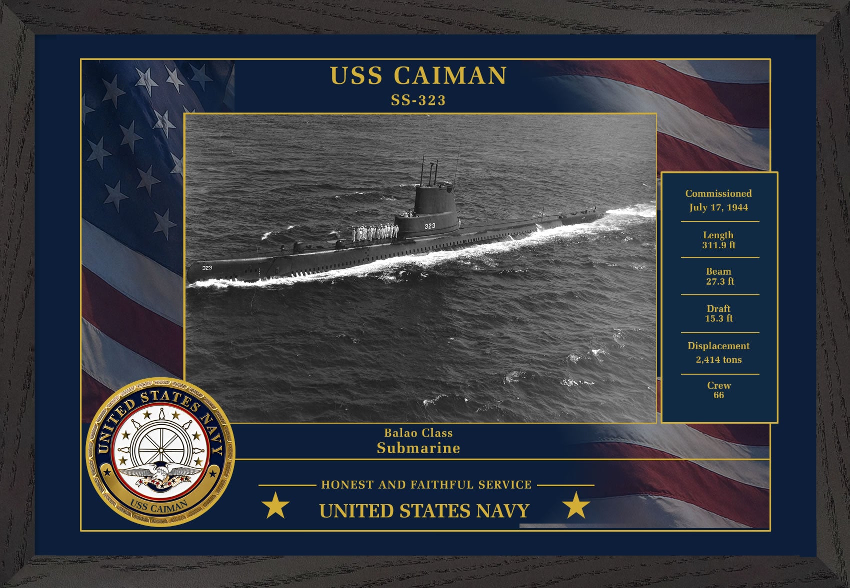 USS Caiman SS-323 Framed Patriotic Photo