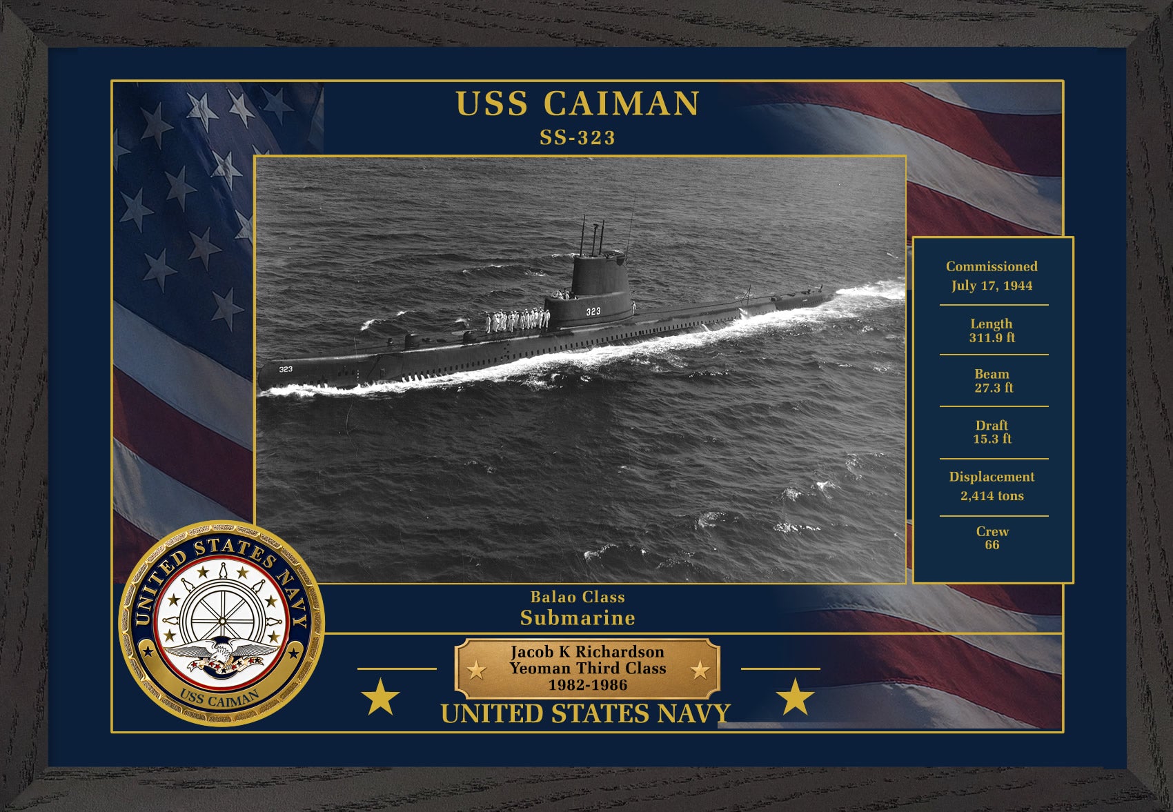 USS Caiman SS-323 Framed Patriotic Photo