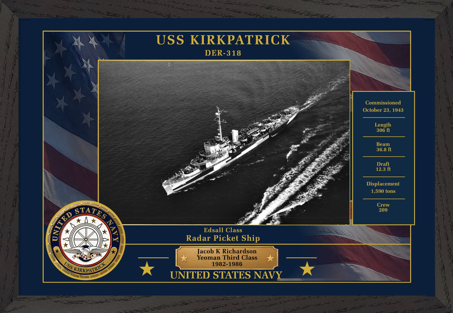 USS Kirkpatrick DER-318 Framed Patriotic Photo