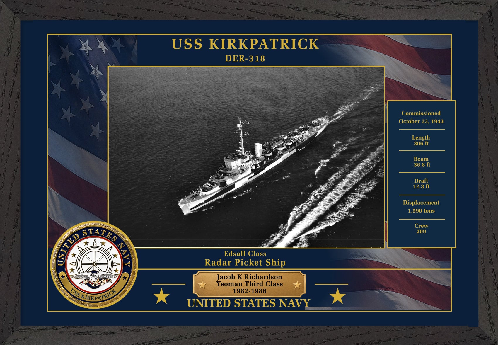 USS Kirkpatrick DER-318 Framed Patriotic Photo