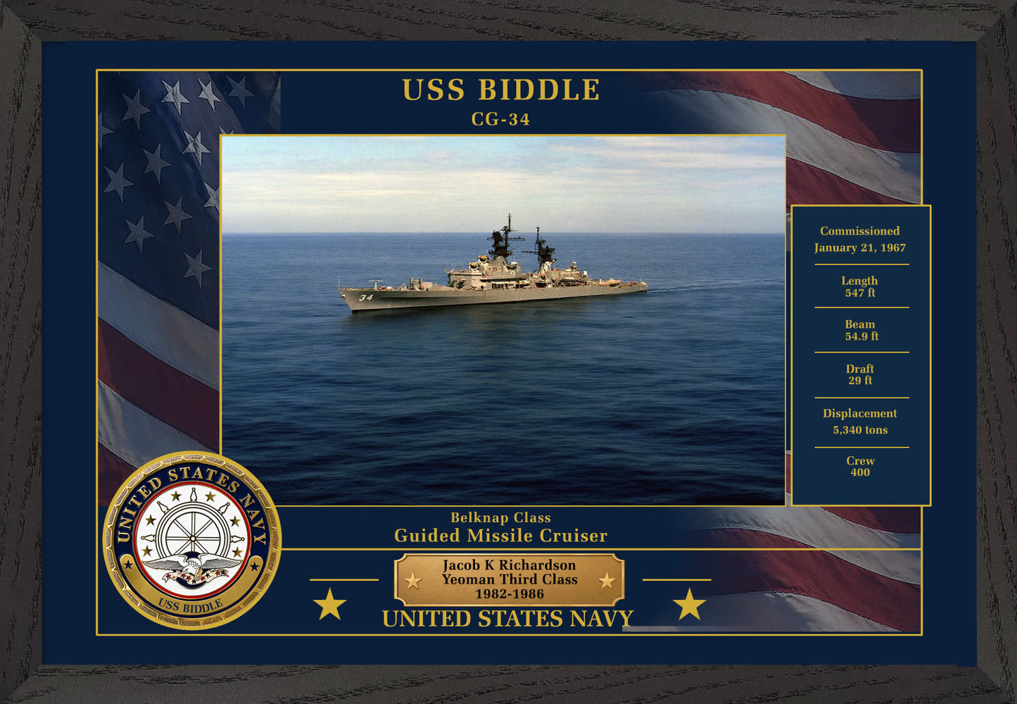 USS Biddle CG-34 Framed Patriotic Photo