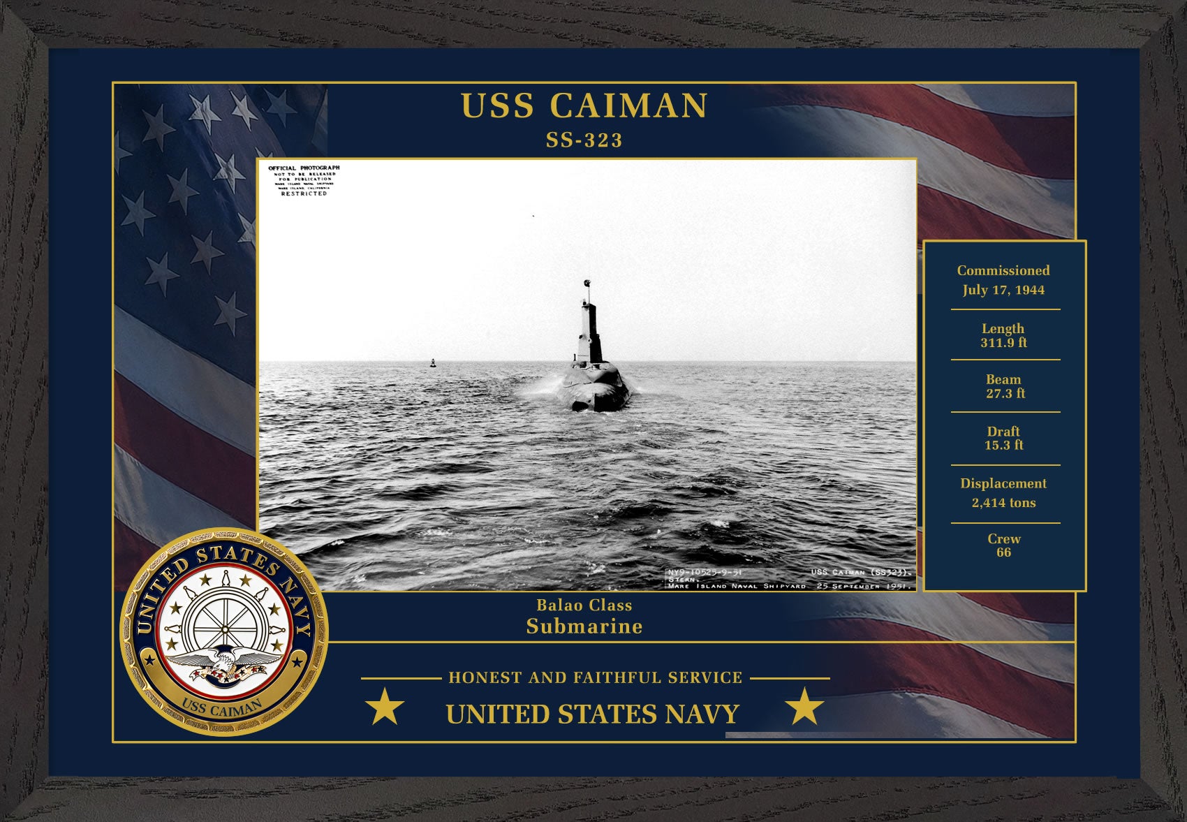 USS Caiman SS-323 Framed Patriotic Photo